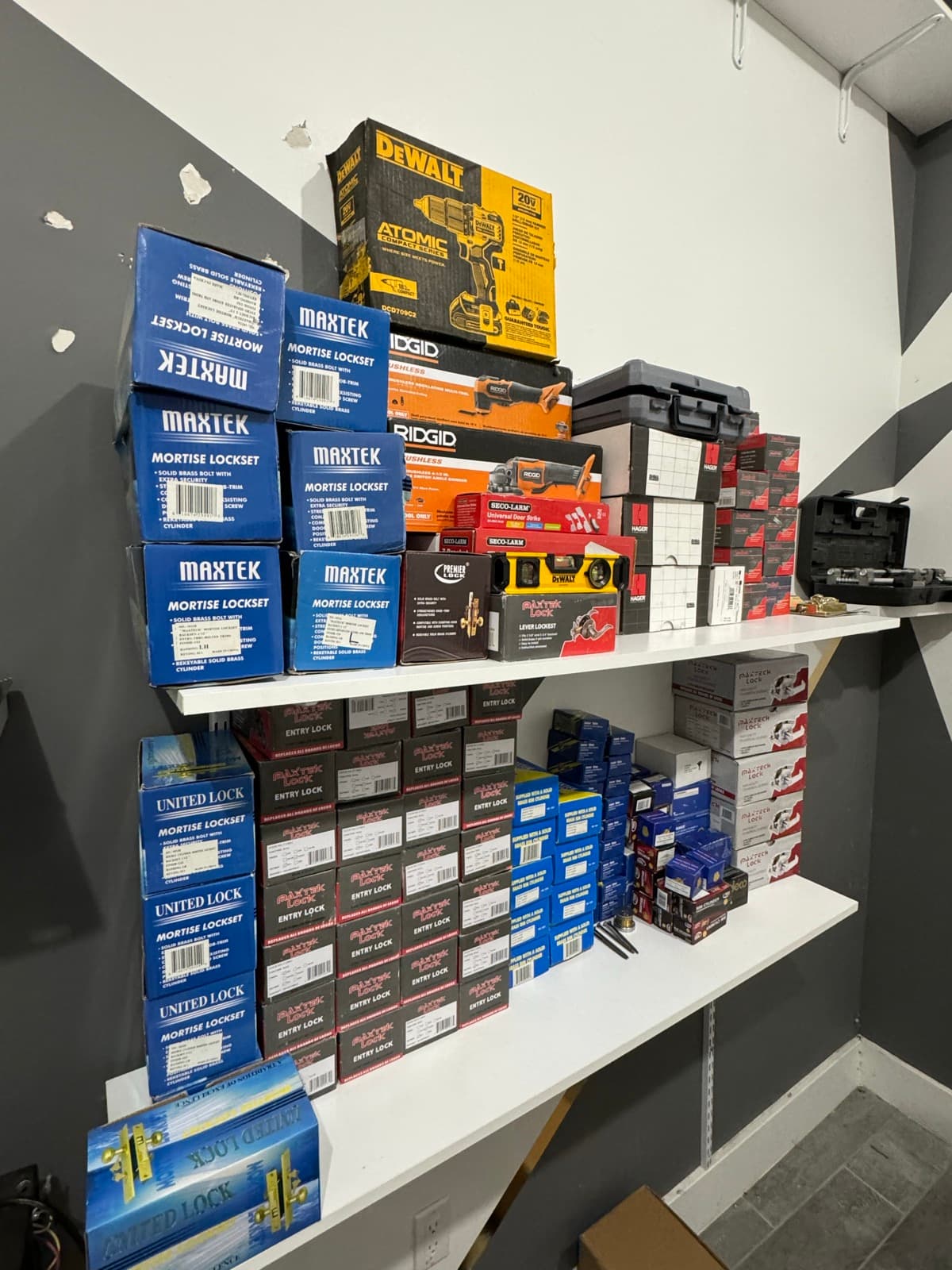 Shelves of mortise locksets, entry locks and hardware stock