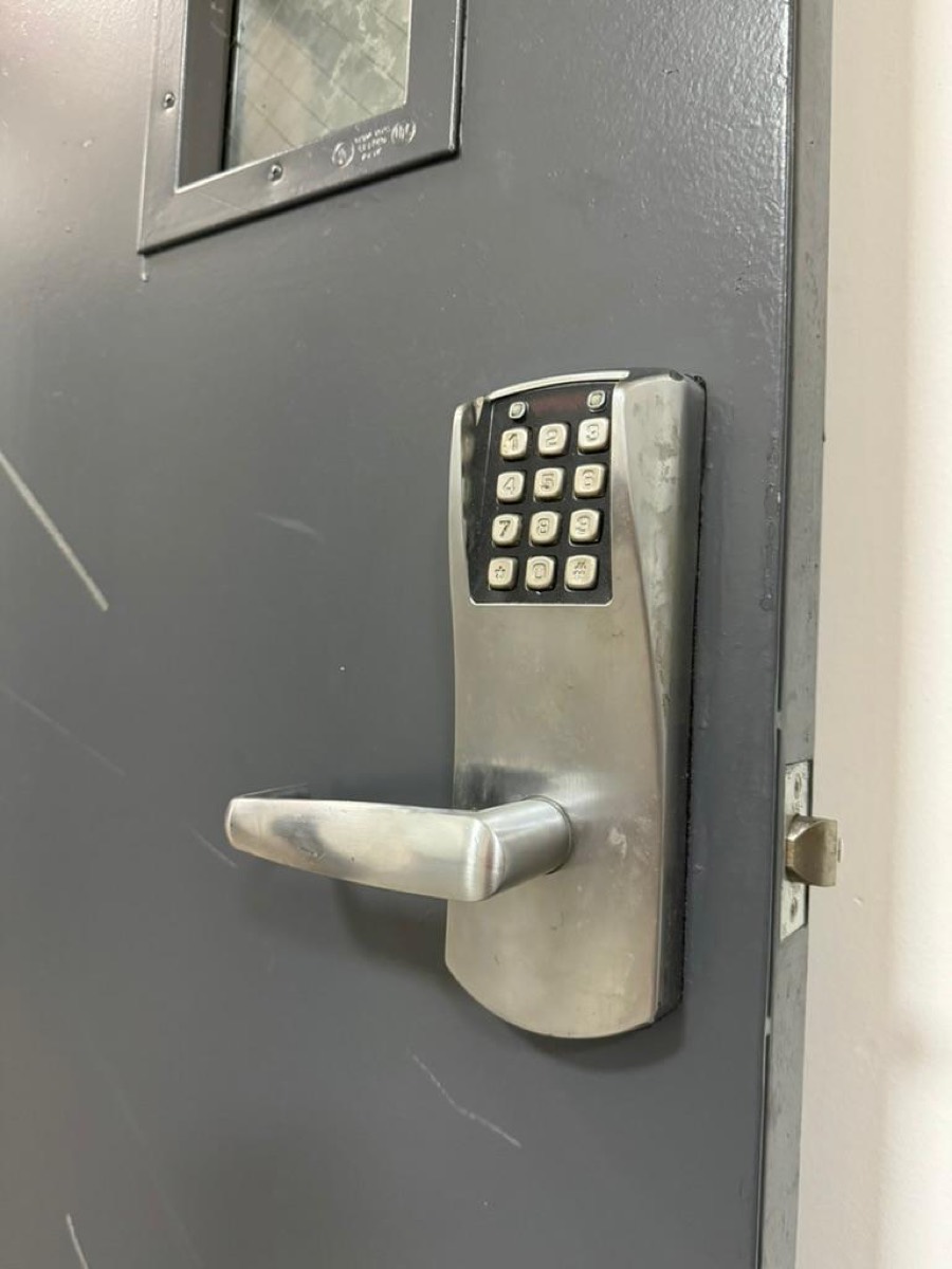 Commercial keypad lockset on an office door